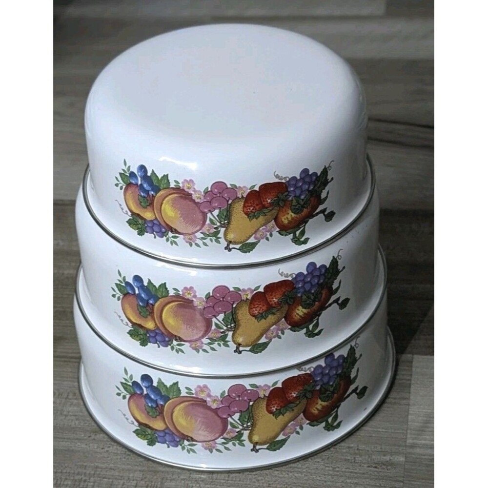 Set of 3 Vitroceramic Enamel on Steel Mixing Bowls W/2 Lids Induction Fruit